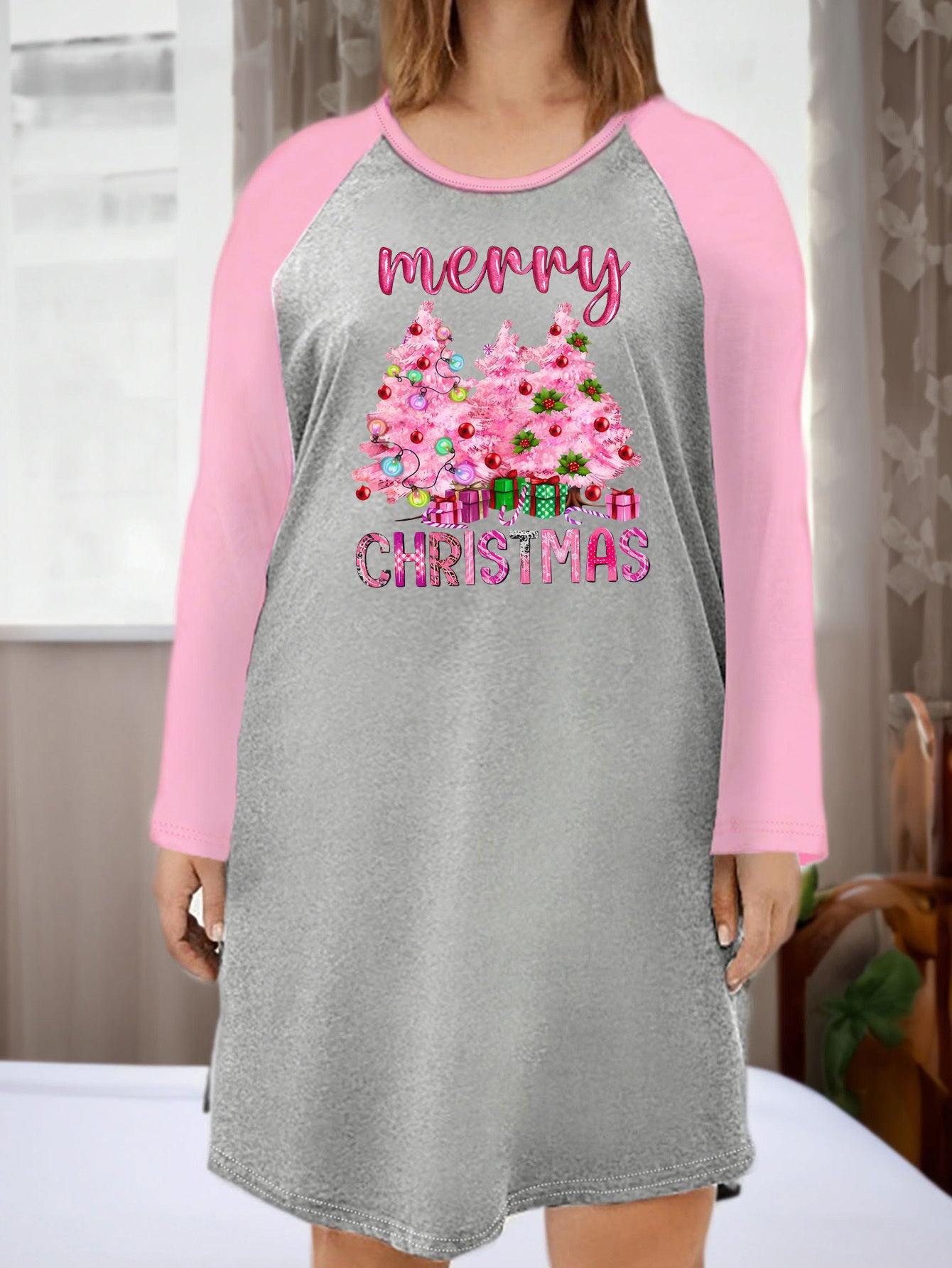  Women's Christmas Tree Print Round Neck Tee Sleep Dress