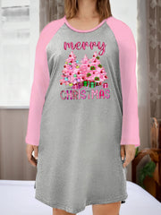  Women's Christmas Tree Print Round Neck Tee Sleep Dress