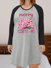  Women's Christmas Tree Print Round Neck Tee Sleep Dress