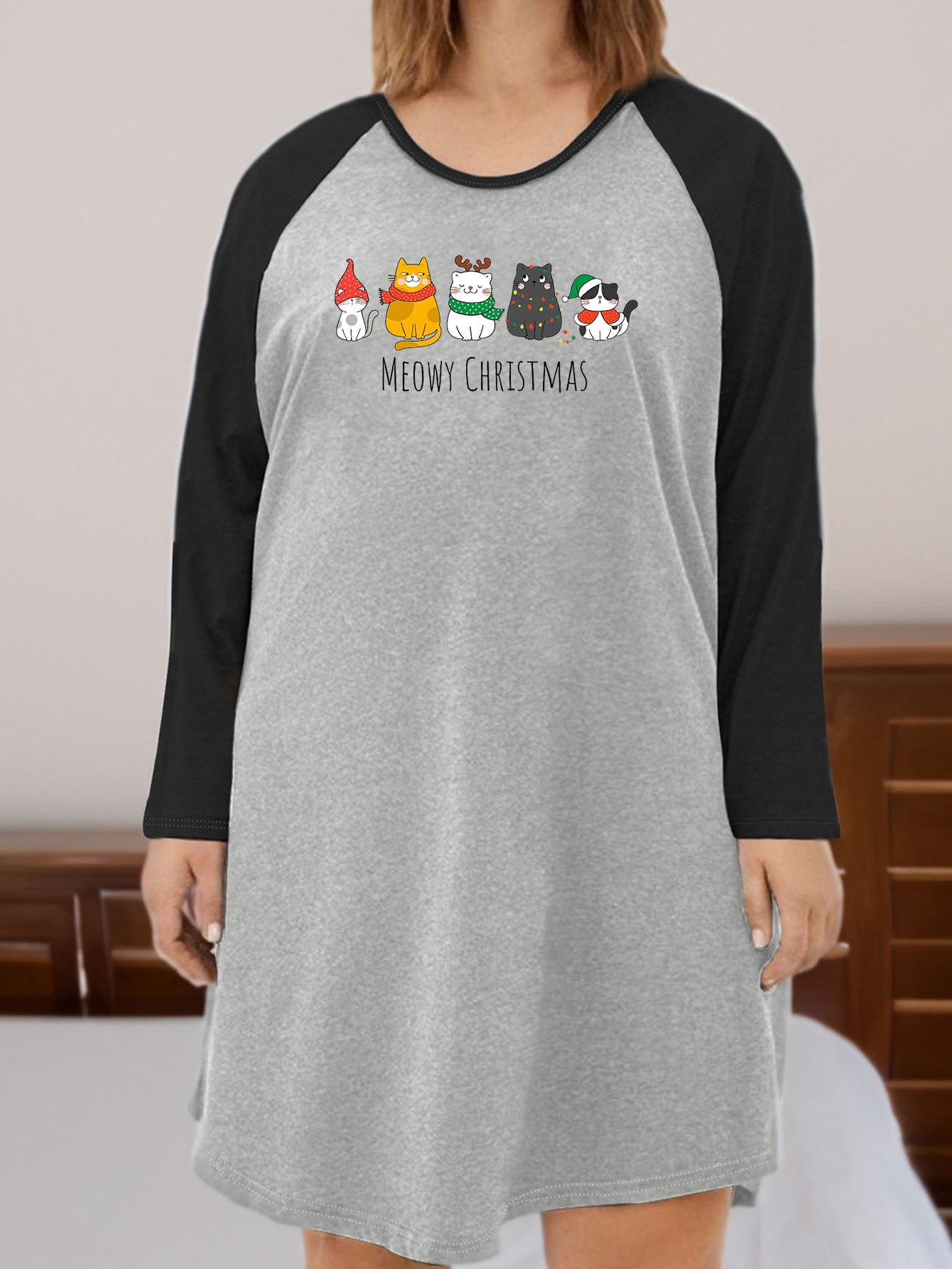  Christmas Nightdress Women's Plus Cat & Slogan Print Tee Sleep Dress