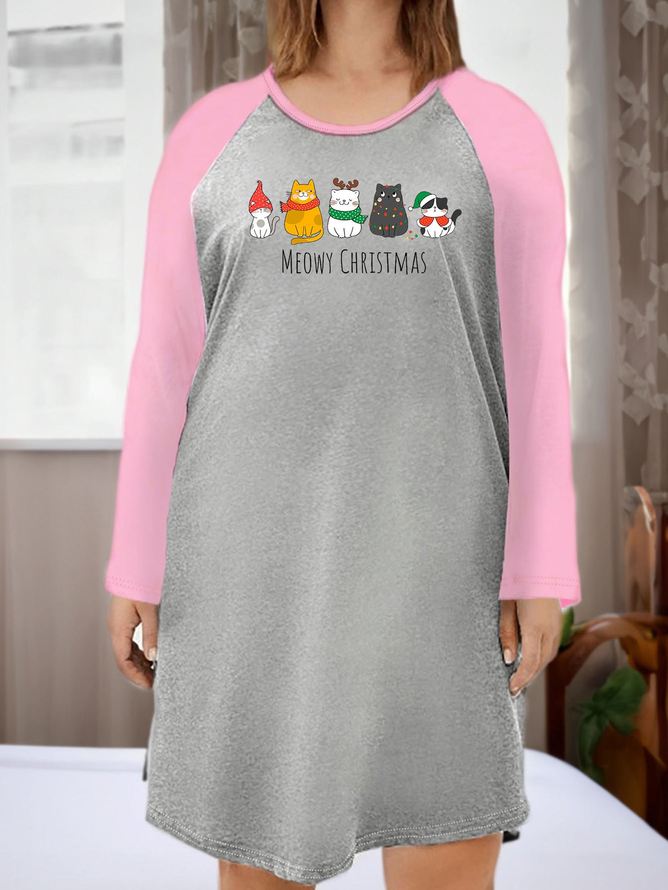  Christmas Nightdress Women's Plus Cat & Slogan Print Tee Sleep Dress