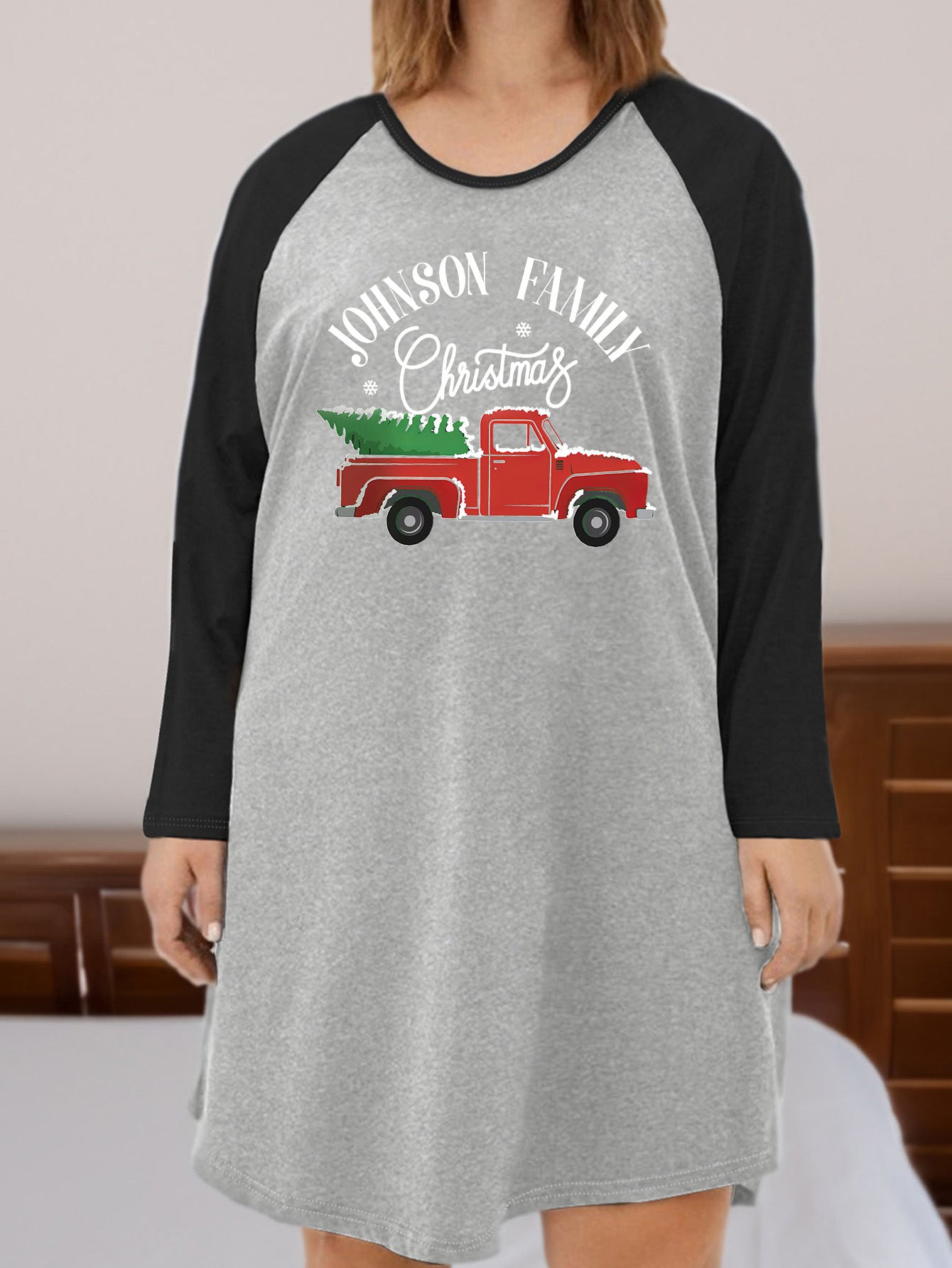 Plus Size Christmas Nightdress Women's Truck With Christmas Tree Tee Sleep Dress