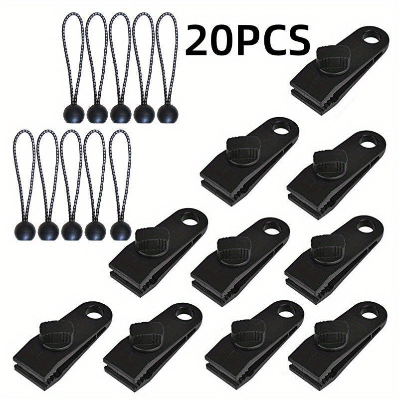 20pcs Waterproof Tent Clips & Ball Bungee Cords for Tarps, Tents, Covers