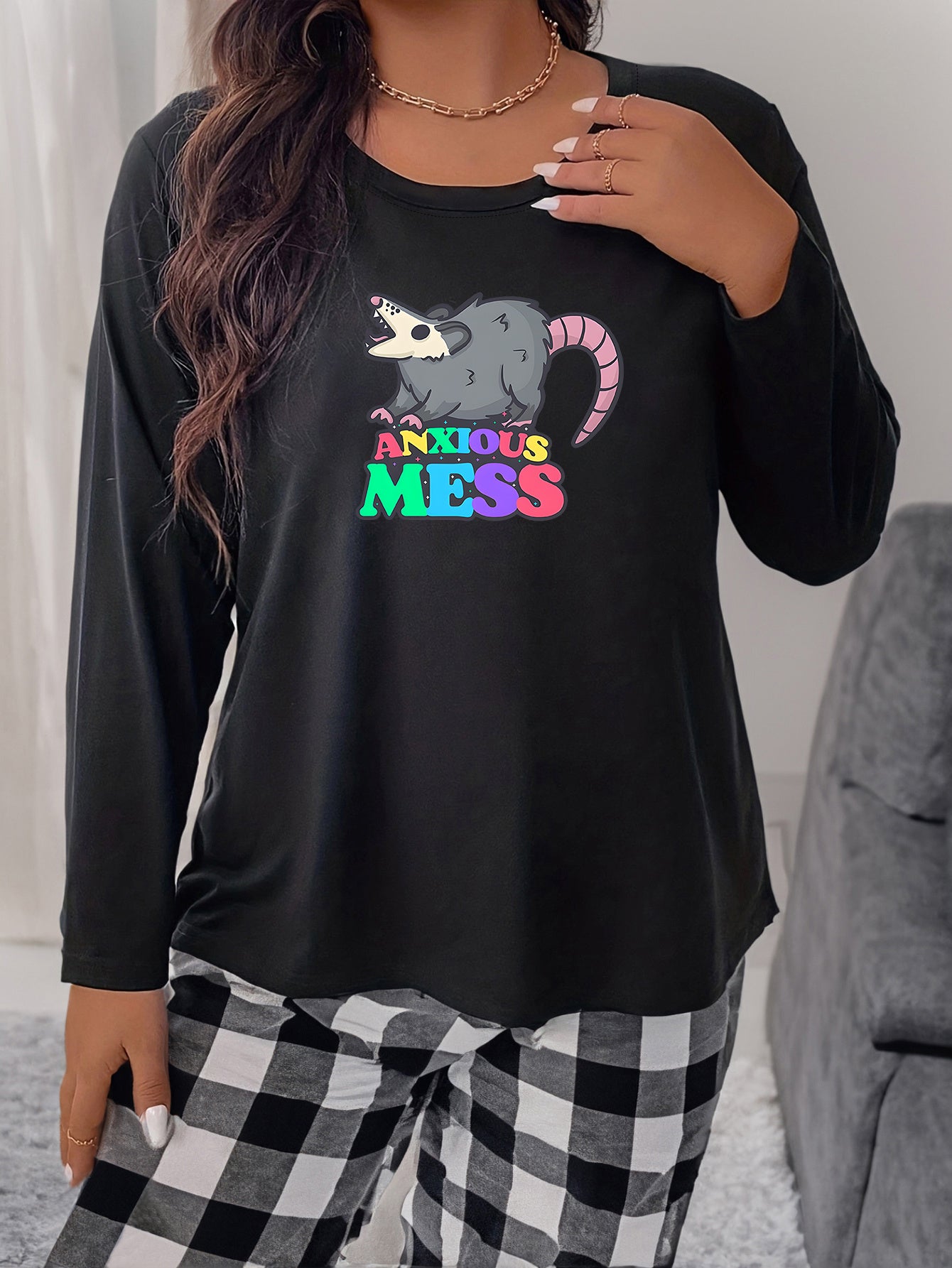  Casual Sleepwear Top Women's Plus Mouse & Letter Print Long Sleeve