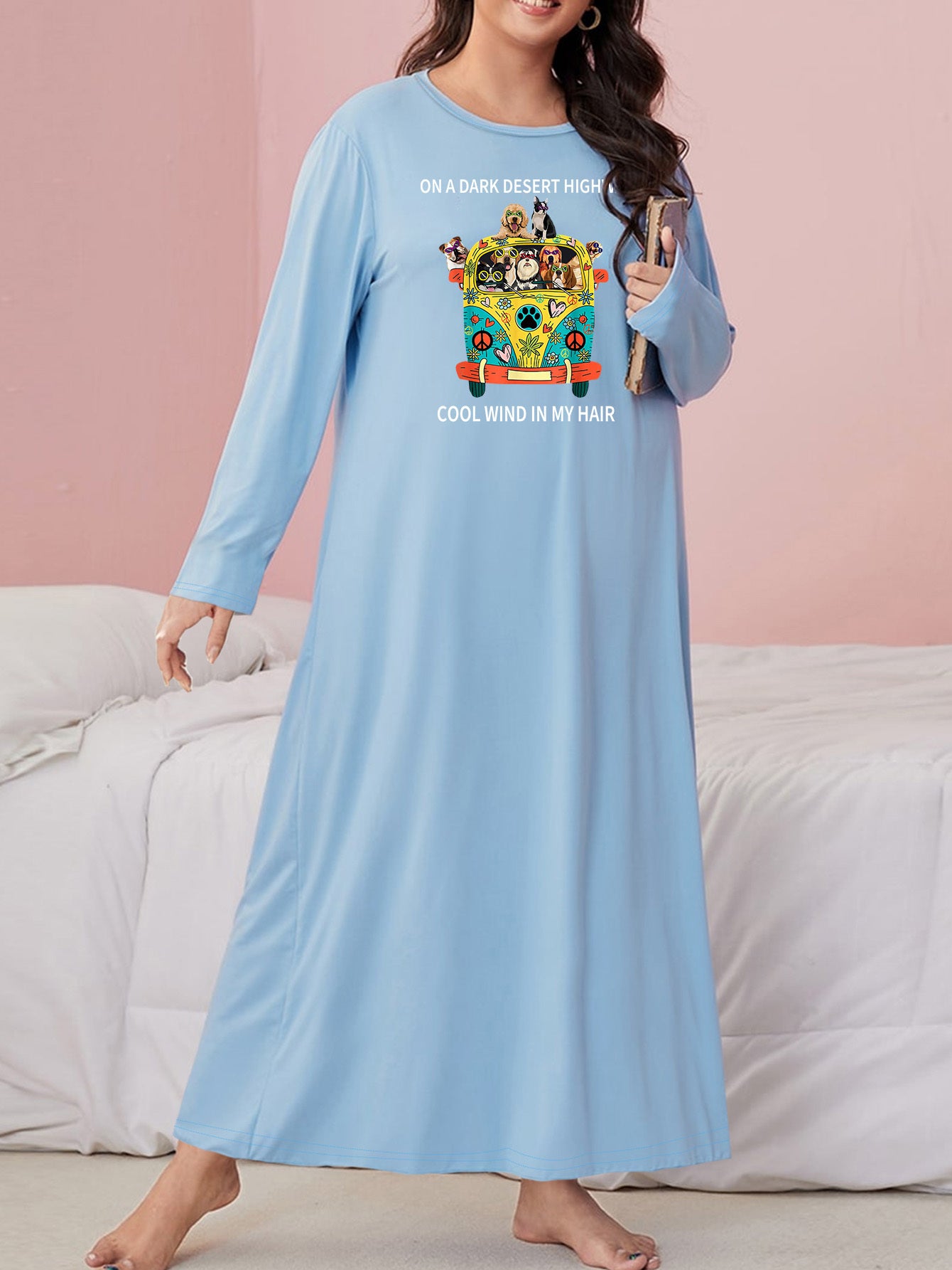  Puppies & Car Print Long Sleeve Sleep Dress