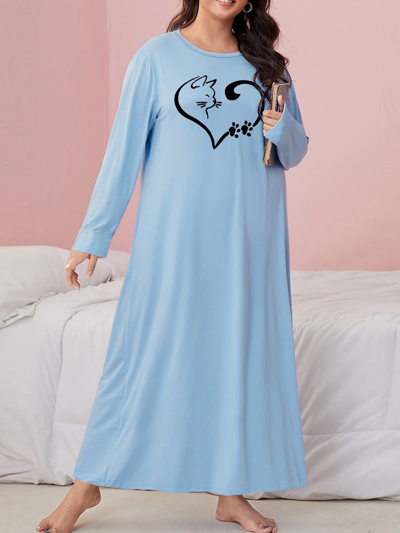  Nightdress Heart Cat Print Long Sleeve Round Neck Stretch Sleep Dress
