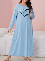  Nightdress Heart Cat Print Long Sleeve Round Neck Stretch Sleep Dress