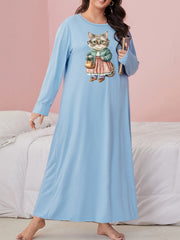  Cat Print Nightdress Long Sleeve Round Neck Loose Fit Sleep Dress