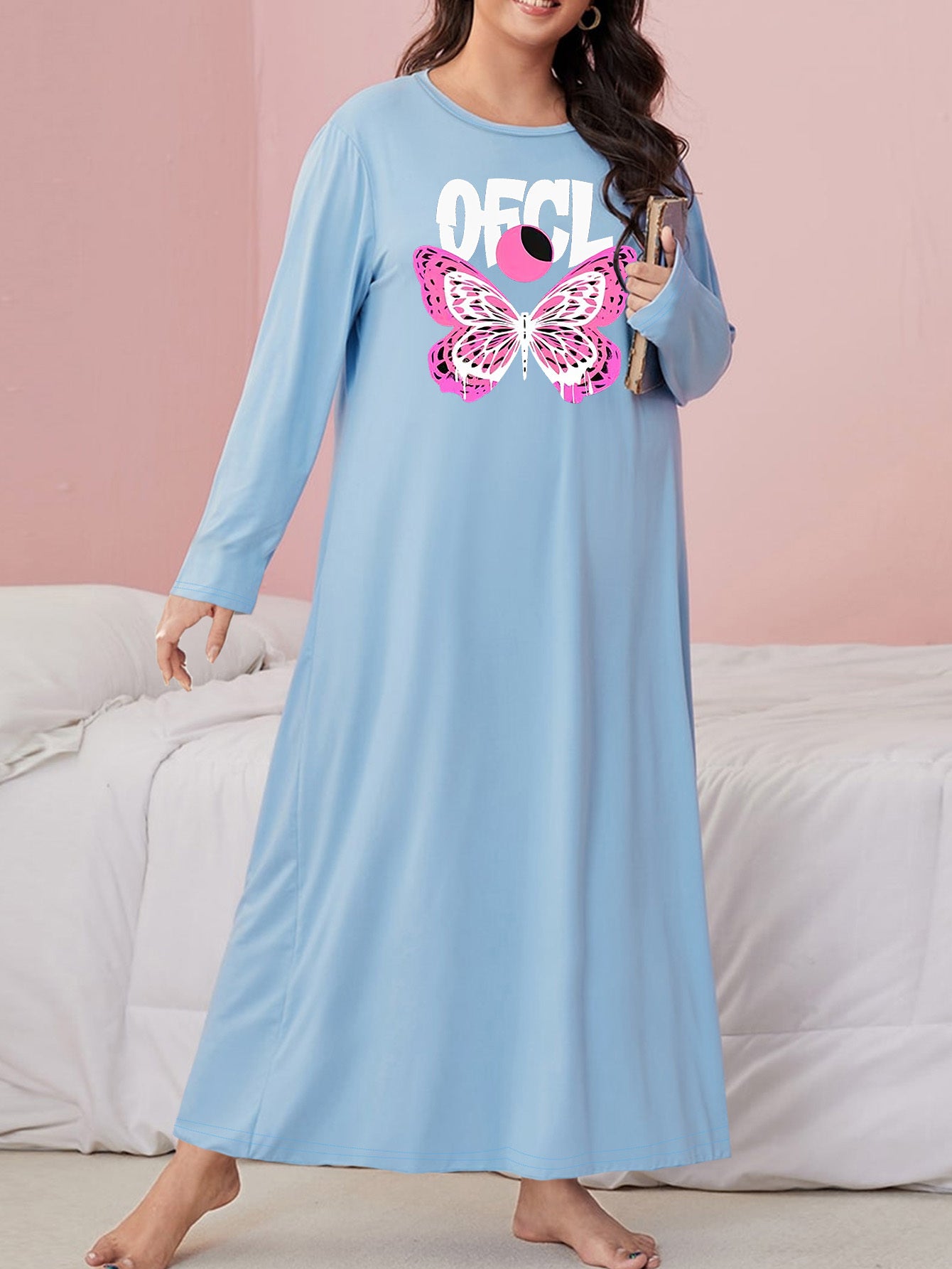  Nightdress Women's Plus Butterfly Print Long Sleeve Sleep Dress