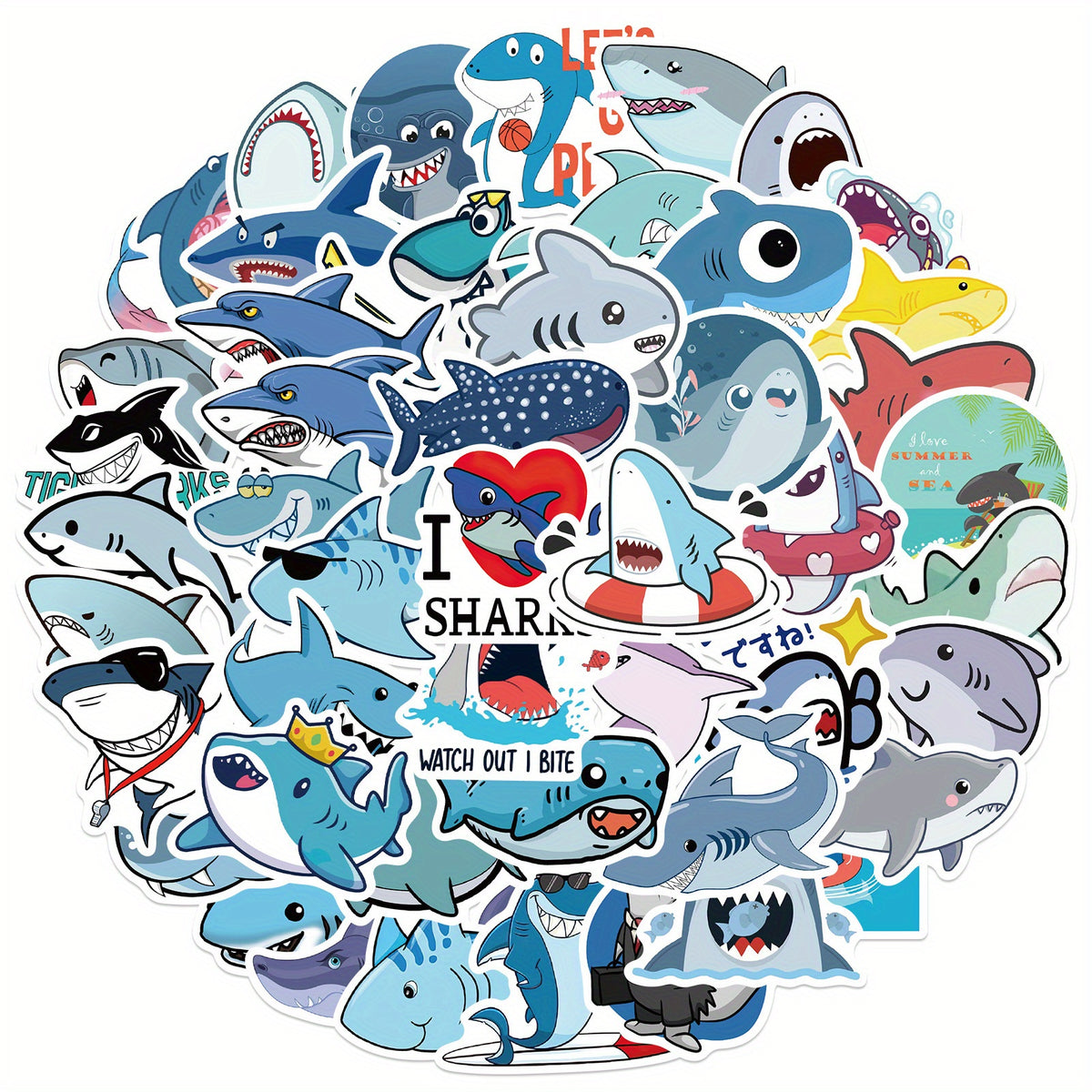 50pcs Cartoon Shark Stickers for Stationery, Books, Laptops, Water Cups, Phones