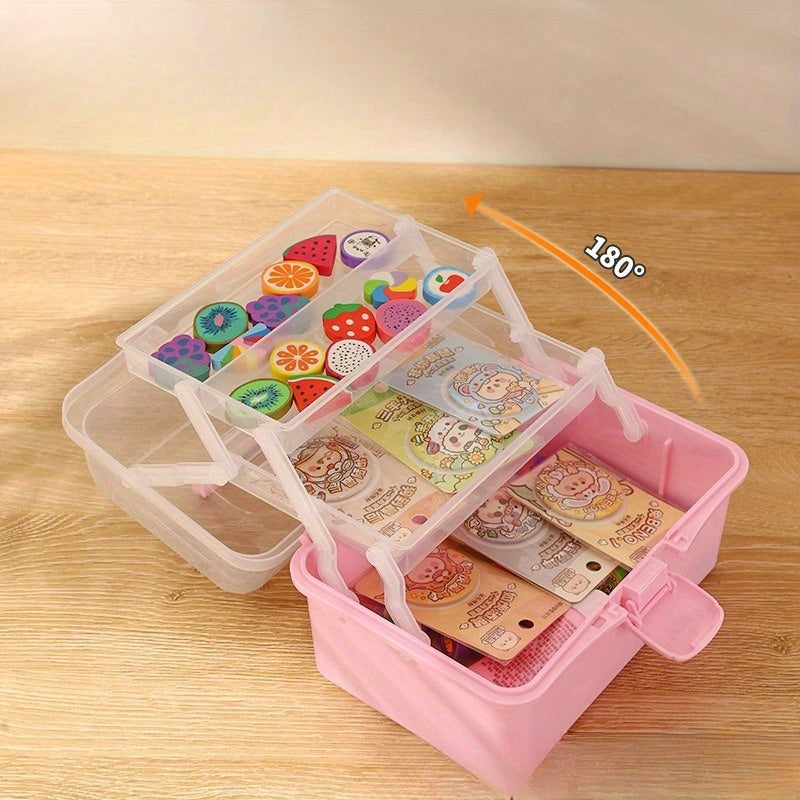 Three Layer Folding Organizer Box Portable Pill Stationery Storage Box