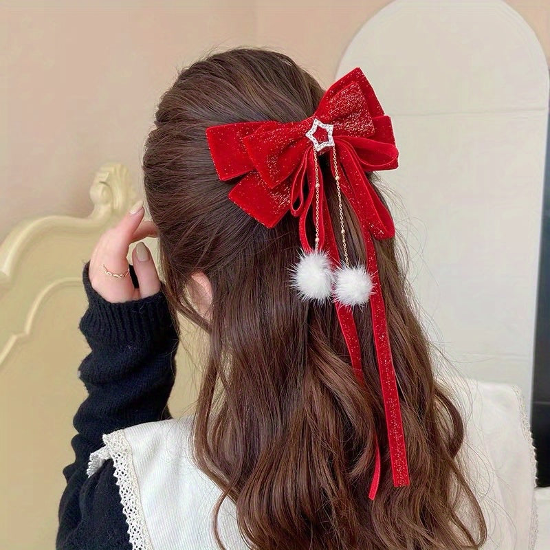 Christmas Red Velvet Big Bow Girls Hair Accessories