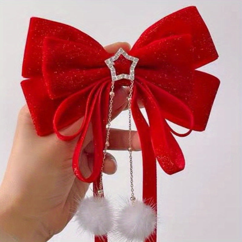 Christmas Red Velvet Big Bow Girls Hair Accessories