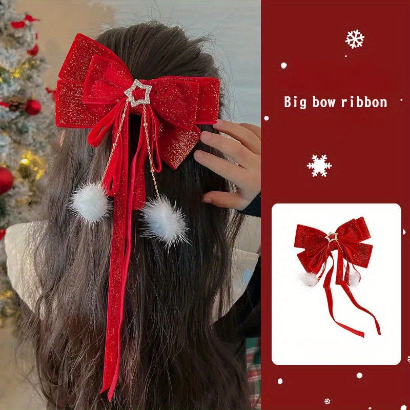 Christmas Red Velvet Big Bow Girls Hair Accessories