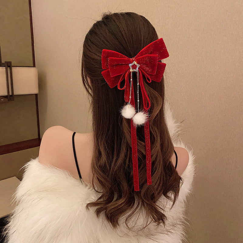 Christmas Red Velvet Big Bow Girls Hair Accessories