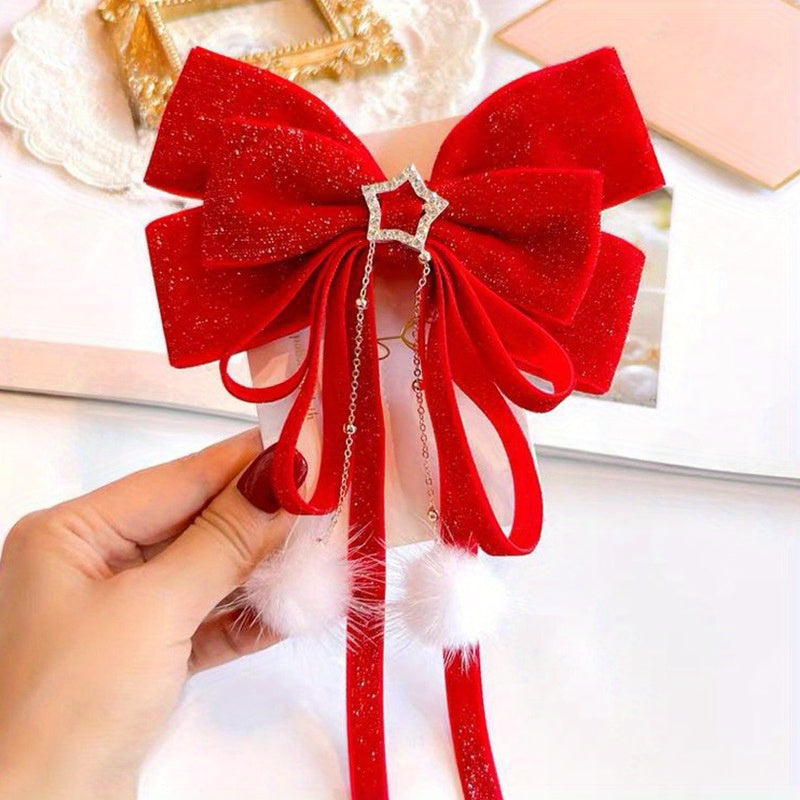 Christmas Red Velvet Big Bow Girls Hair Accessories