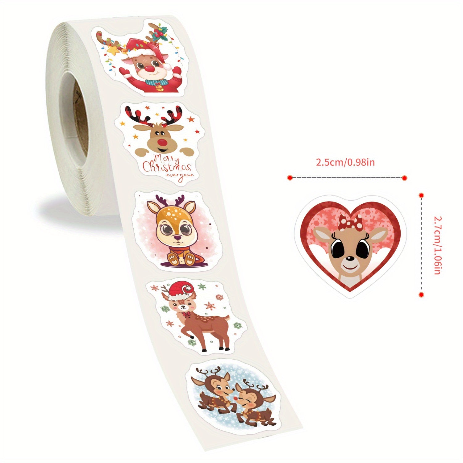 500pcs Reindeer Christmas Stickers, 10 Styles, 2.54cm, Self-adhesive, Waterproof