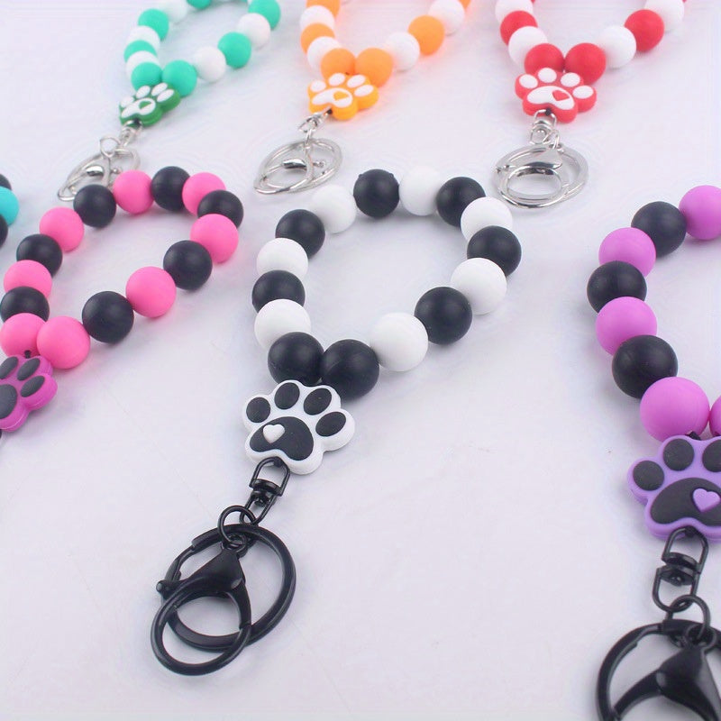 Cartoon Silicone Dog Paw Pendant Keyring Beaded Keychain