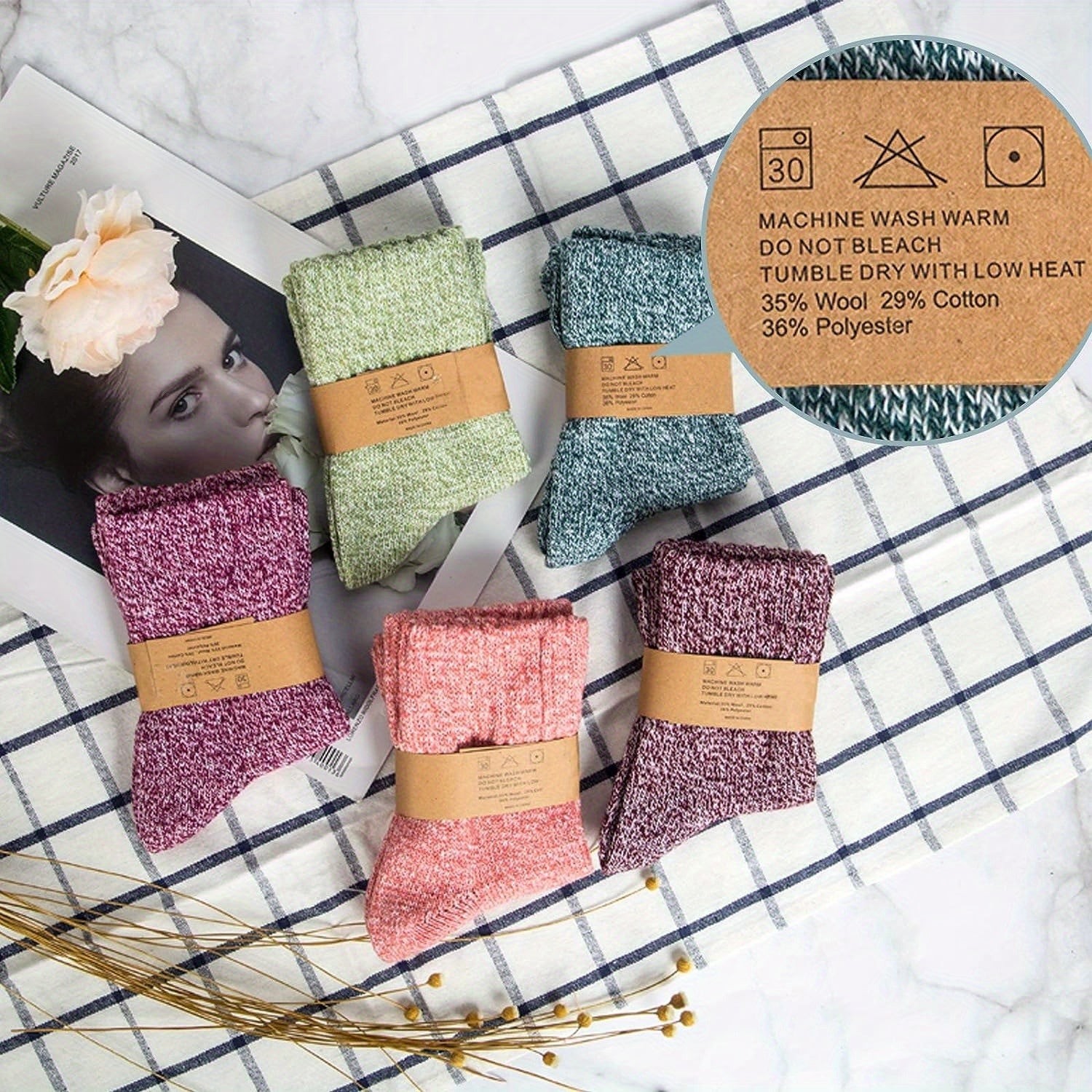 Winter Warm Wool Socks Thick Cozy Knit Crew Socks For Women Men