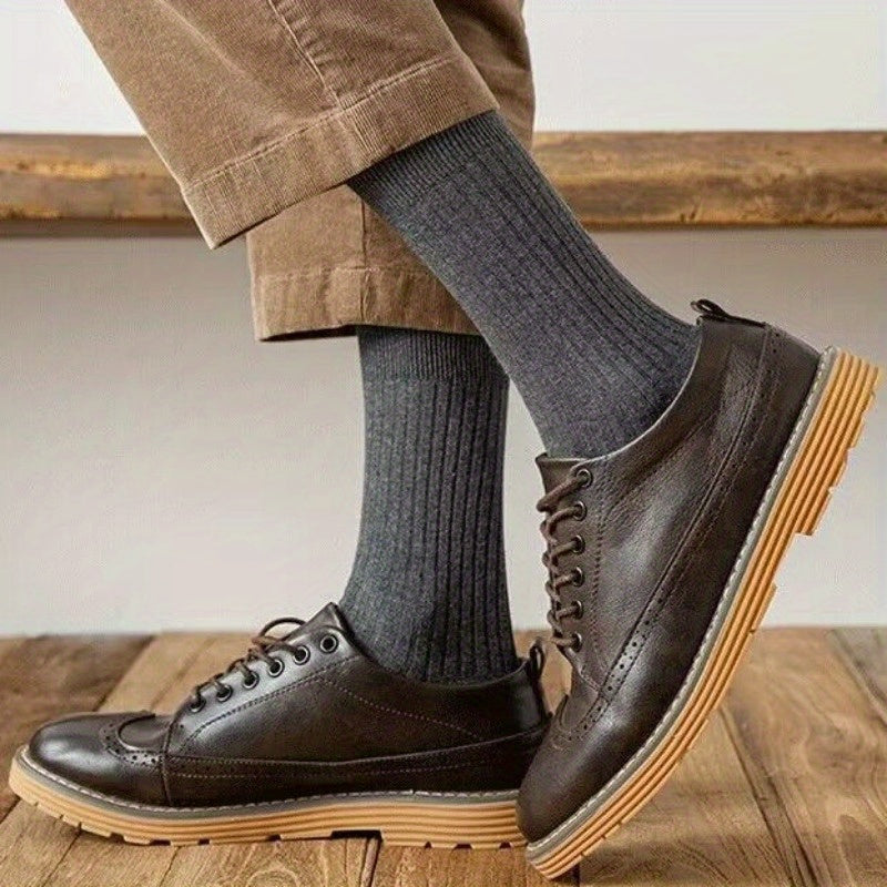 5 Pairs Men's Winter Striped Mid Calf Cotton Socks