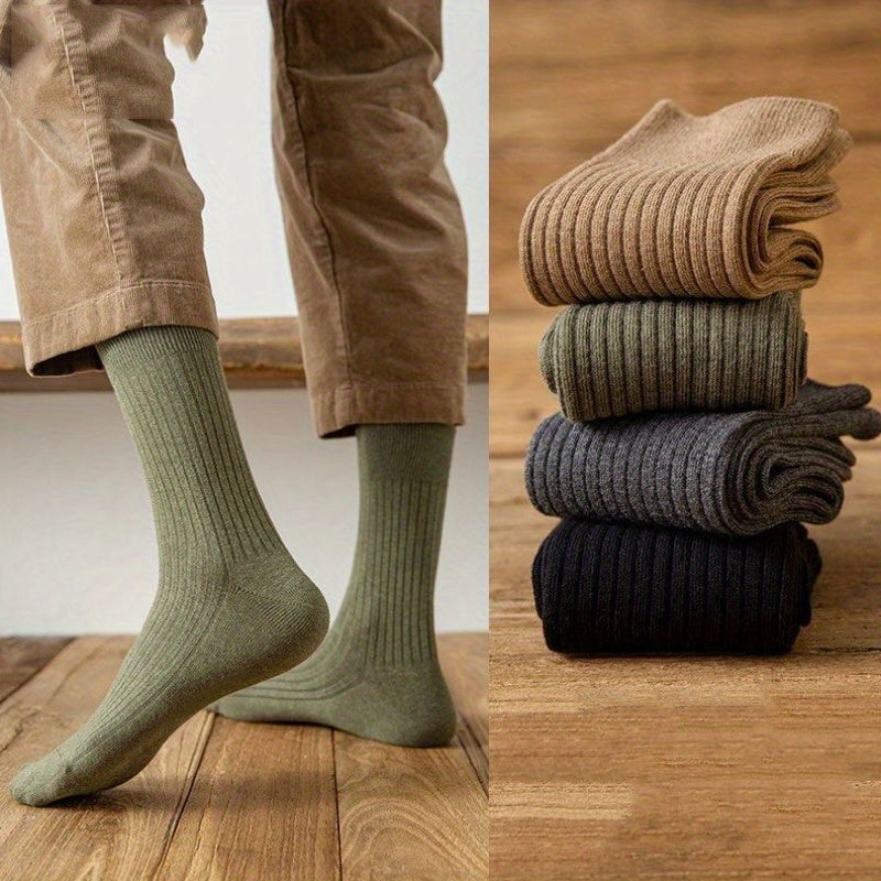 5 Pairs Men's Winter Striped Mid Calf Cotton Socks