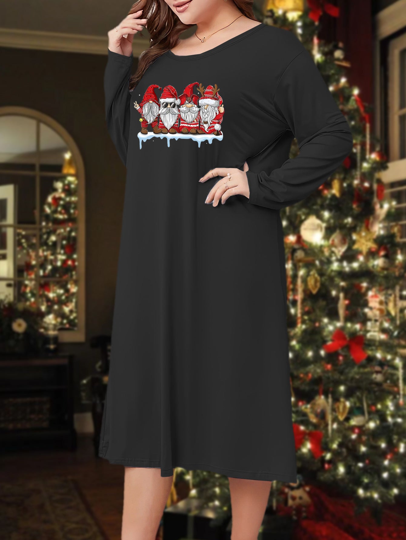  Christmas Lounge Dress Women's Plus Gnomes Print Tee Sleep Dress