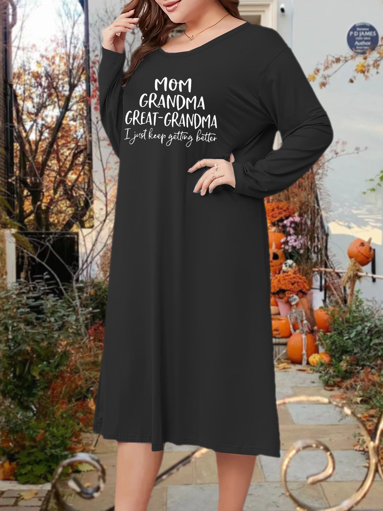  Lounge Dress Women's Plus Letter Print Long Sleeve Round Neck Tee
