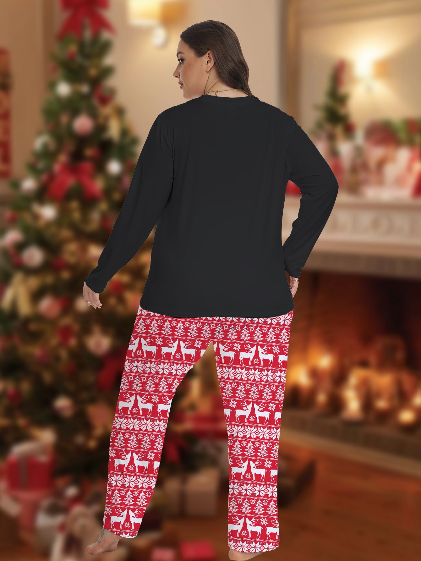 Plus Size Christmas Pajamas Set Women's Floral Print Long Sleeve