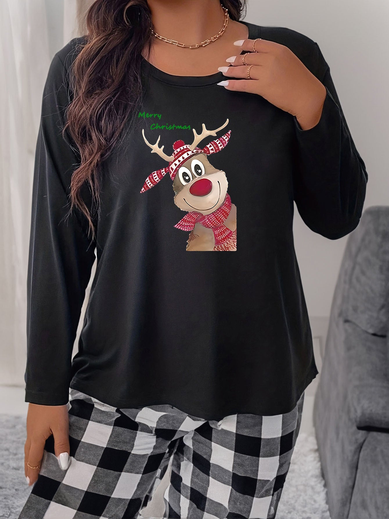  Elk Print Long Sleeve Round Neck Home Wear Tee