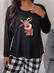  Elk Print Long Sleeve Round Neck Home Wear Tee