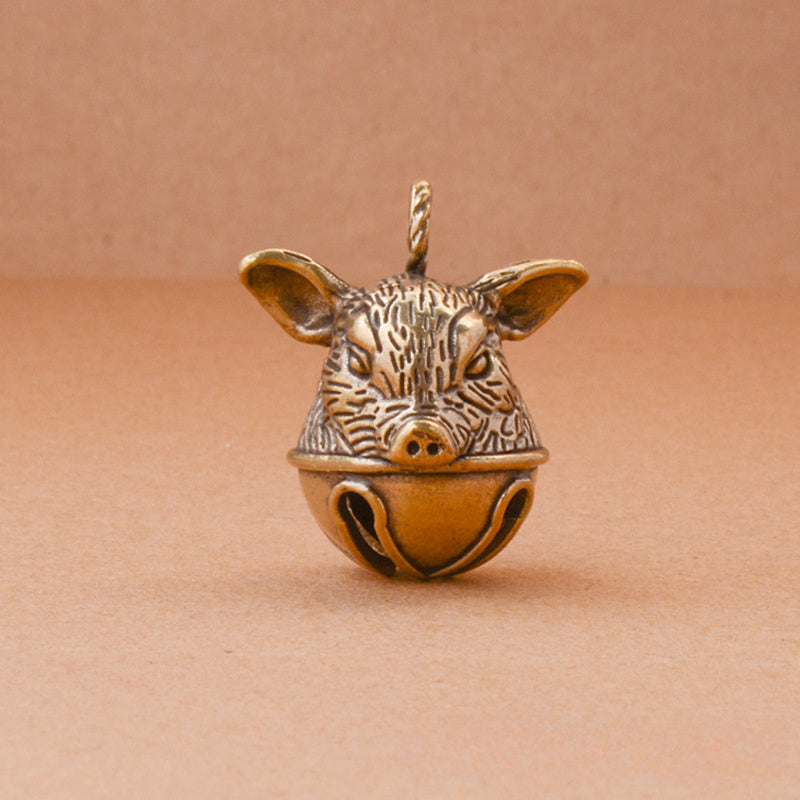 Brass Pig's Head Bell Keychain Pendant, Lucky Zodiac Animal Gift