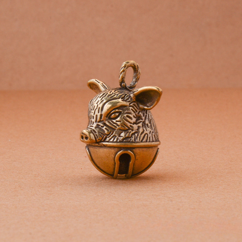 Brass Pig's Head Bell Keychain Pendant, Lucky Zodiac Animal Gift