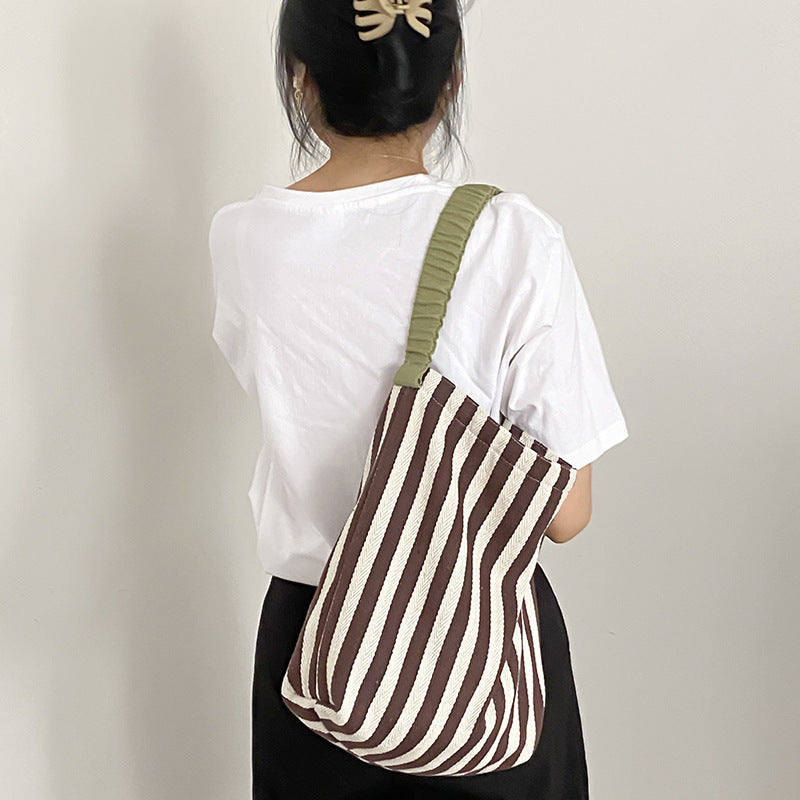 Retro Stripe Outdoor Tote Bag Large Capacity Schoolbag