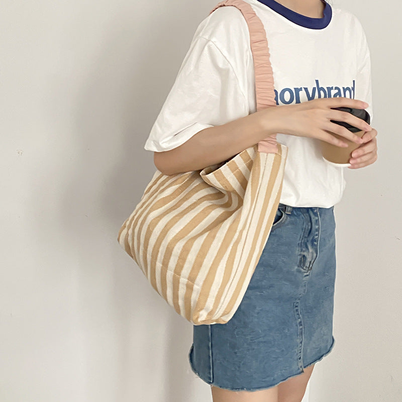 Retro Stripe Outdoor Tote Bag Large Capacity Schoolbag