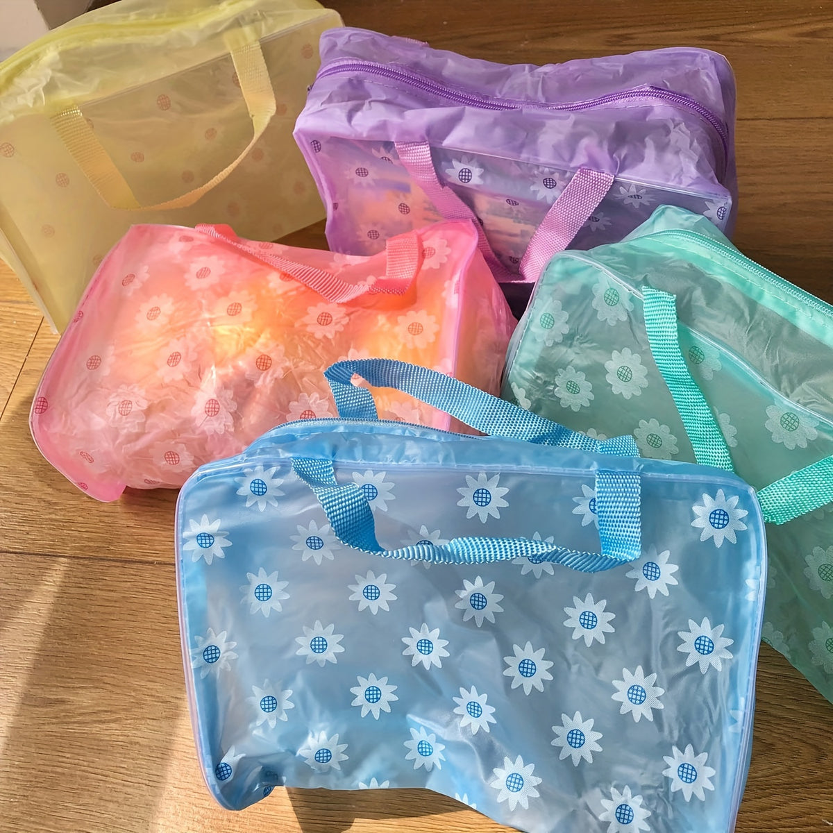 5pcs Transparent Flower Pattern Square Makeup Bags with Zipper Handle