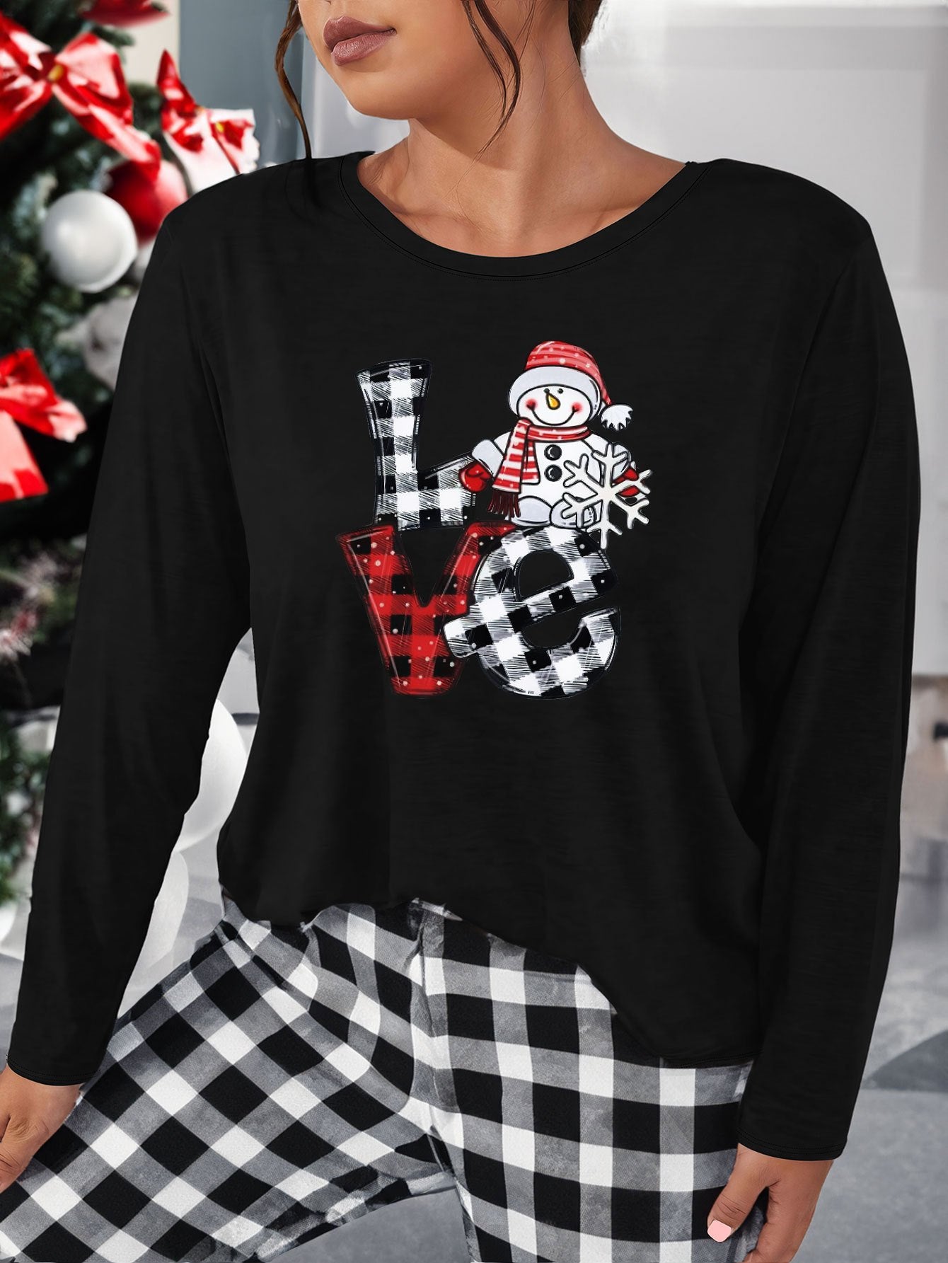  Snowman & Plaid Print Lounge Top Long Sleeve Tee