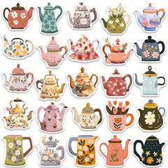 50pcs Whimsical Flower Teapot Stickers Colorful Reusable Cartoon Decals