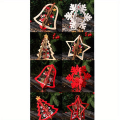 8pcs 3D Bell Snowflake Wooden Pendant Christmas Ornaments