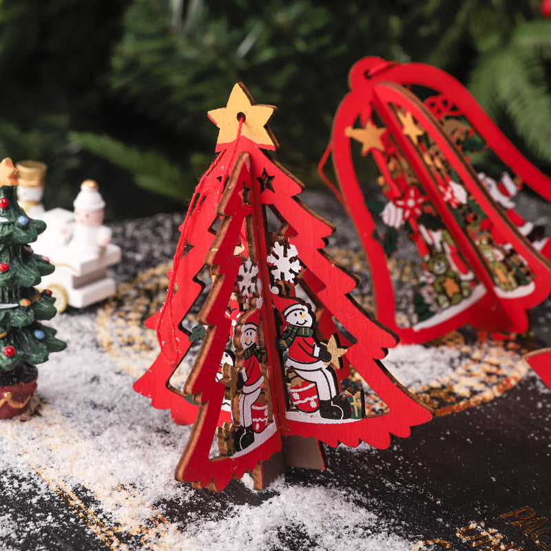 8pcs 3D Bell Snowflake Wooden Pendant Christmas Ornaments