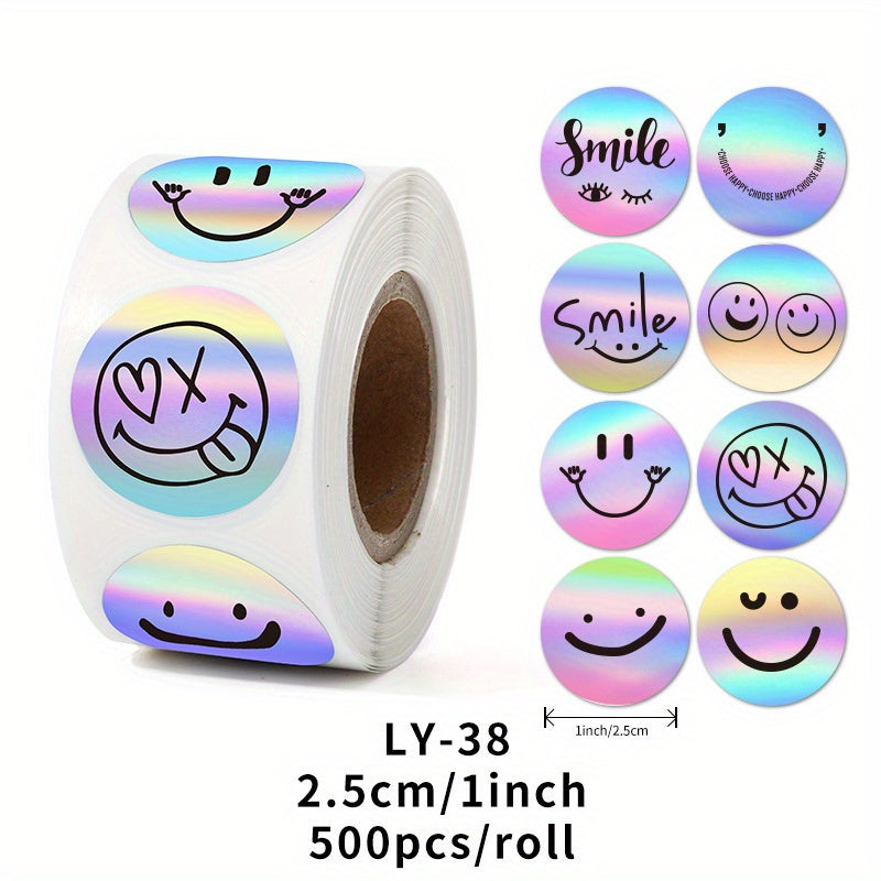 500pcs 1" Laser Smiley Stickers for Boutiques Circular Roll Sealing Stickers