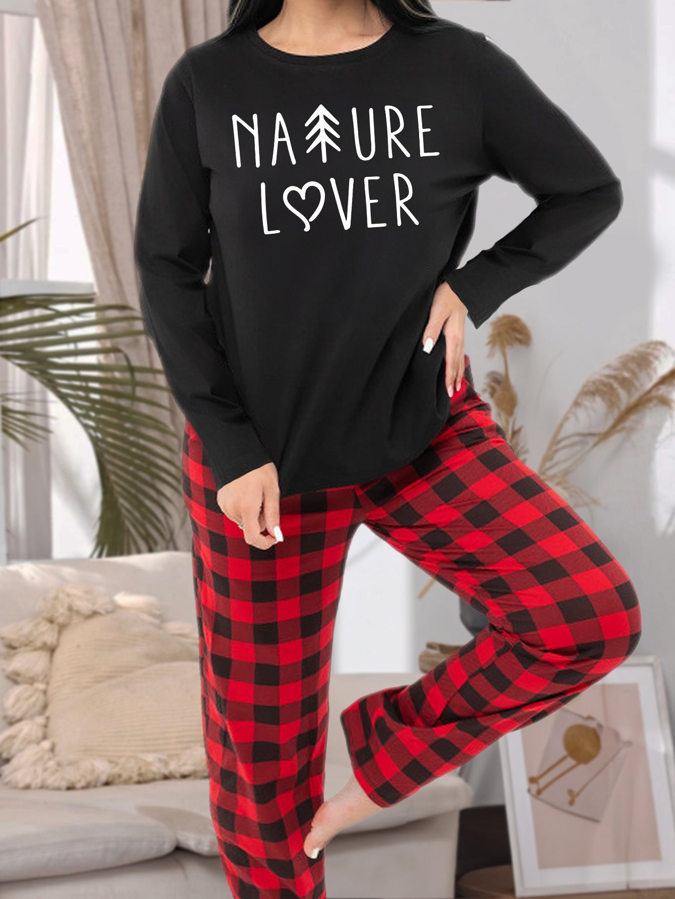  Letter Graphic Long Sleeve Tee & Plaid Pants Lounge Set