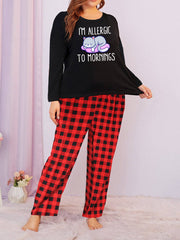  Cat & Letter Graphic Long Sleeve Tee & Plaid Pants Lounge Set