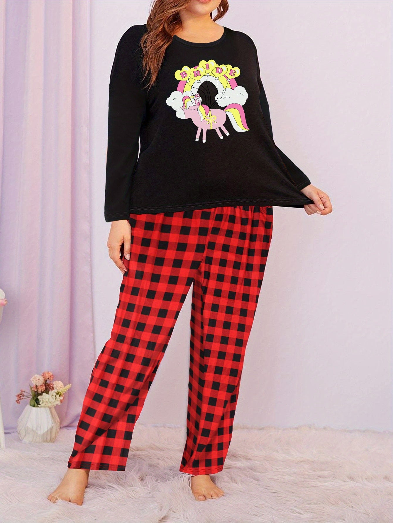  Women's Unicorn Graphic Long Sleeve Tee & Plaid Pants Lounge Set