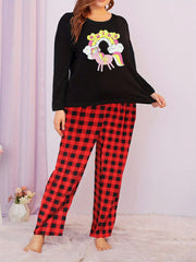  Women's Unicorn Graphic Long Sleeve Tee & Plaid Pants Lounge Set
