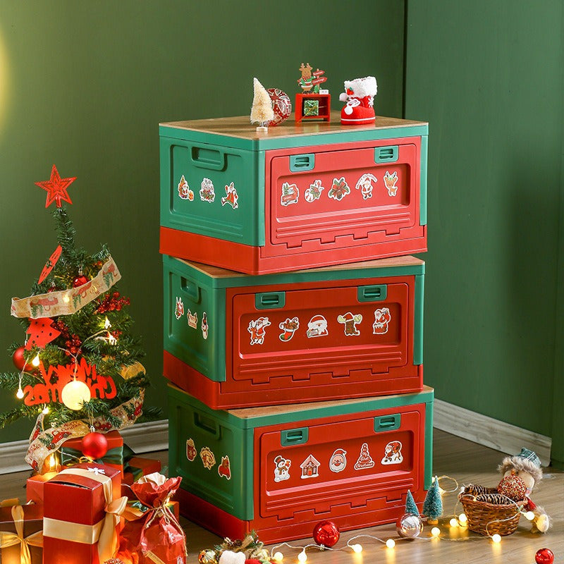 1pc Christmas Storage Box Folding Ornament Storage Container Wooden Cover