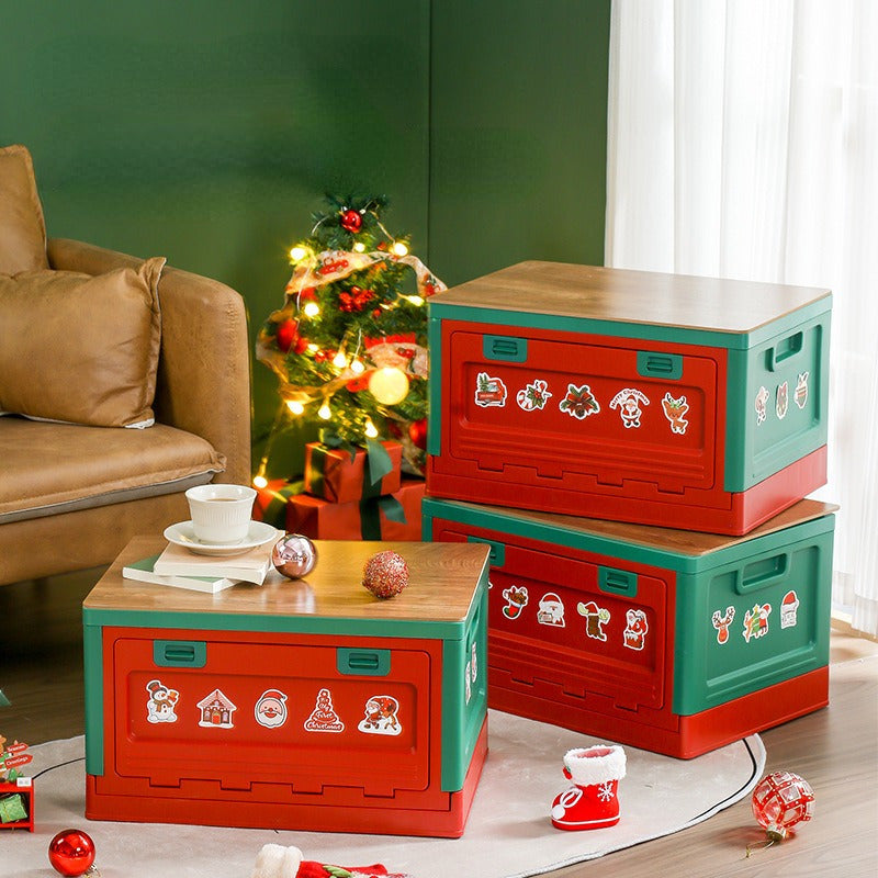 1pc Christmas Storage Box Folding Ornament Storage Container Wooden Cover