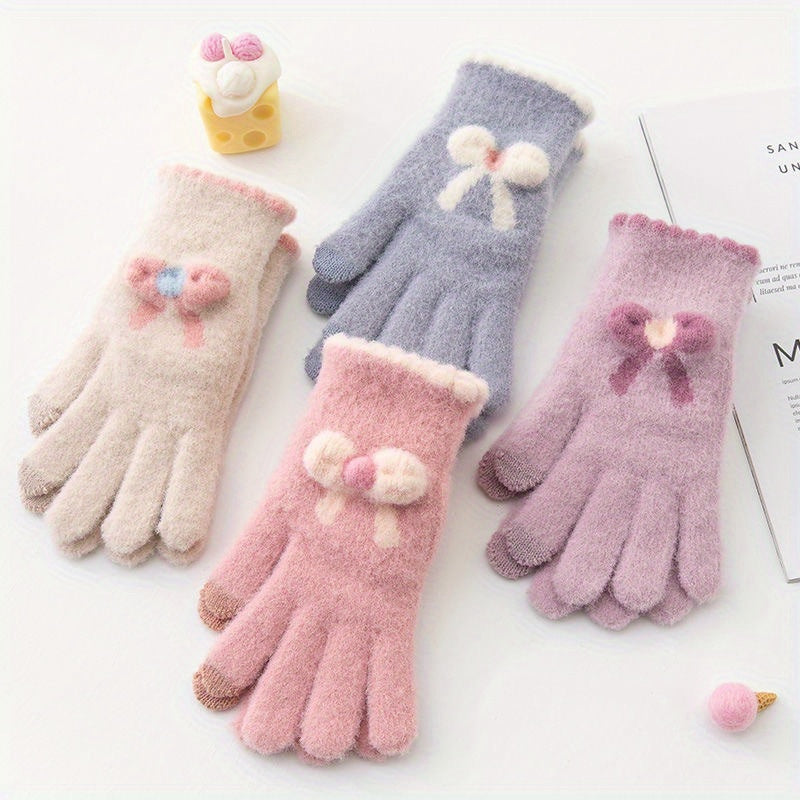 Plush Winter Gloves Cycling Warm Touch Screen Bow Knitted Gloves