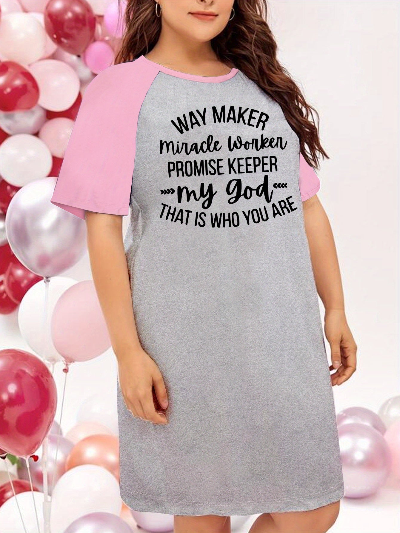  Casual Nightdress Women's Plus Raglan Sleeve Round Neck Sleep Dress