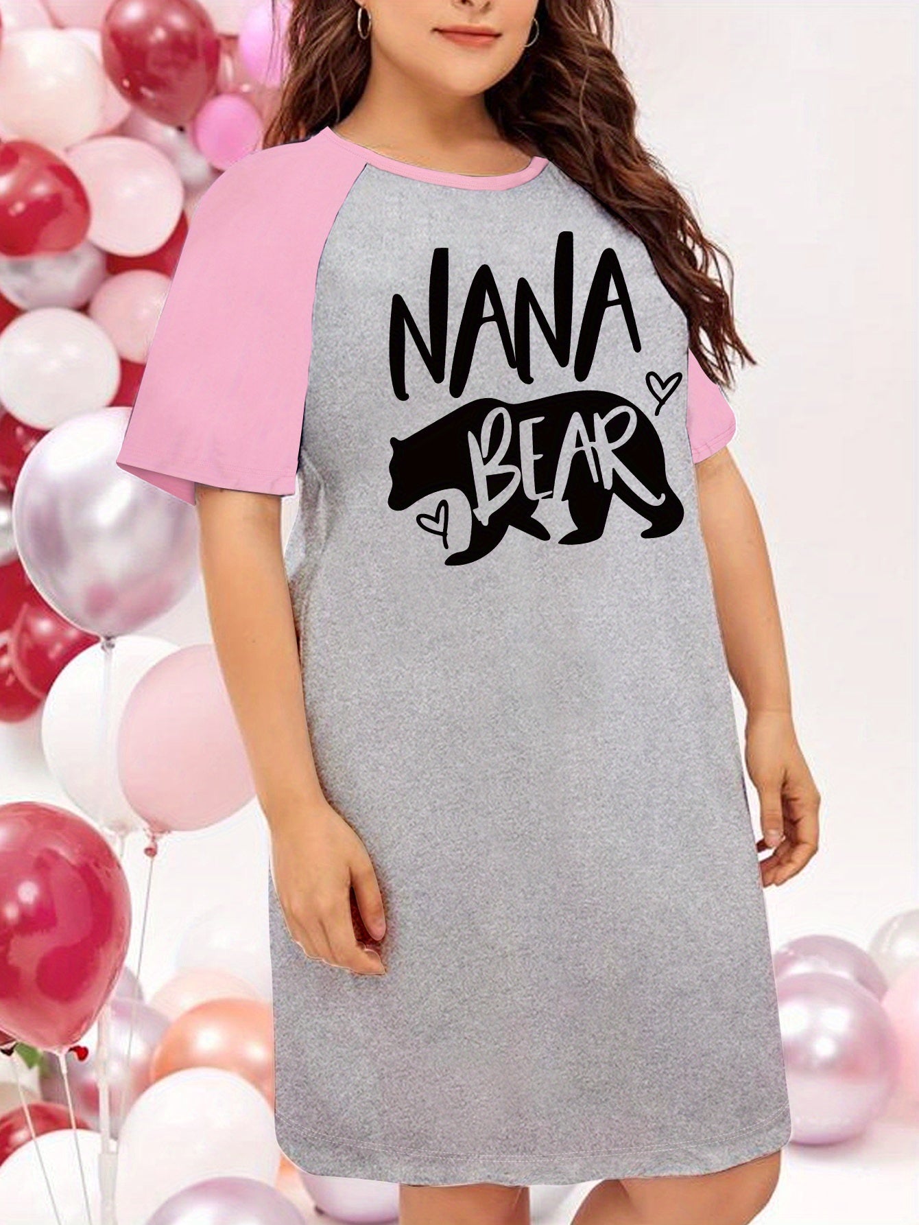  Nightdress Women's Plus Letter Bear & Heart Graphic Raglan Short Sl