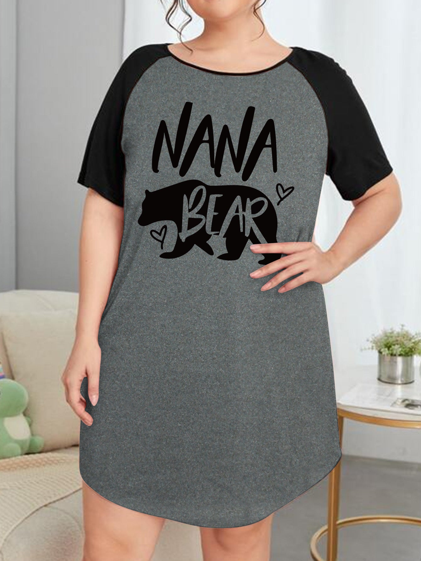  Nightdress Women's Plus Letter Bear & Heart Graphic Raglan Short Sl
